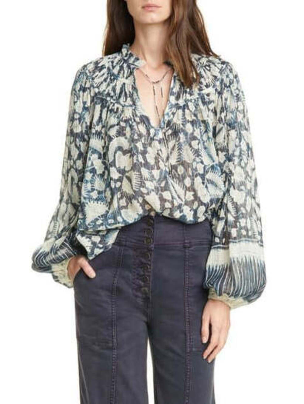 Ulla Johnson Yulia Top Blue & Off-White Metallic Lurex Silk Cotton Size 4